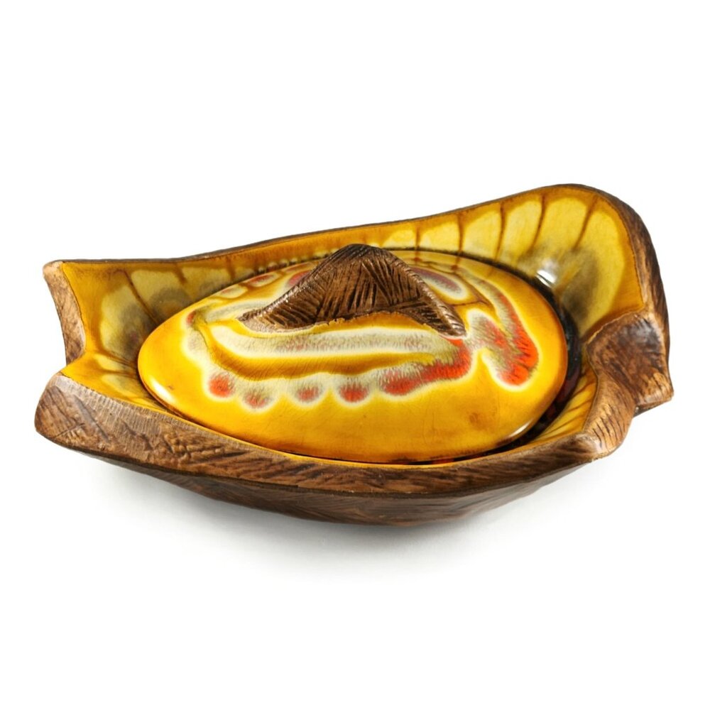 Retro California Pottery MCM Atomic Drip Glaze Covered Dish Bowl with Lid 60s 70